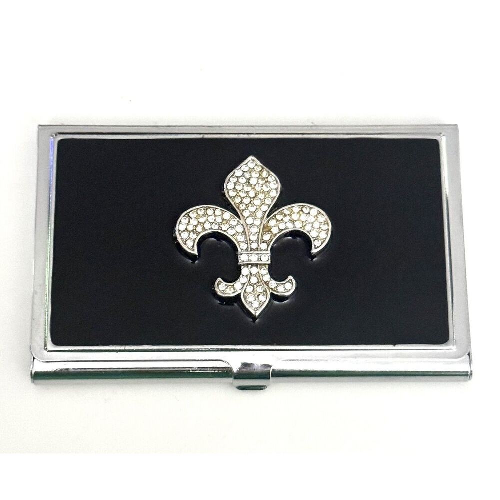 SPRING STREET DESIGN CARD HOLDER BLACK ENAMEL WITH CRYSTAL FLEUR DE LIS